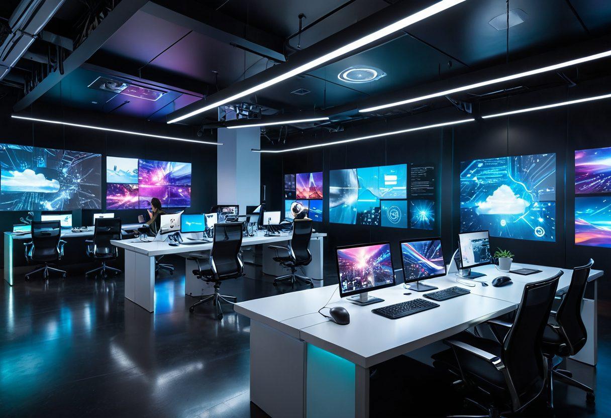 A dynamic, futuristic workspace filled with individuals using cutting-edge technologies; holographic screens displaying web-based applications, a bustling online marketplace, and digital service icons like cloud, AI, and programming languages floating around. Diverse, focused professionals collaborating seamlessly in a sleek, modern office with tech gadgets. super-realistic. vibrant colors. tech-themed. futuristic.