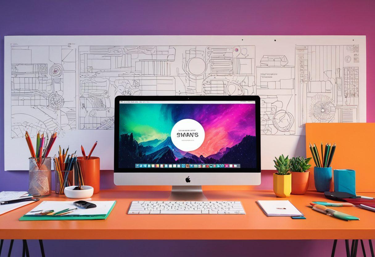 A vibrant, futuristic workspace with a sleek laptop displaying an intricate website design. Surrounding the laptop are various tools like sketch pads, color swatches, and code snippets, symbolizing the stages of web creation. The background showcases a modern office with elements of creativity and technology intertwined. super-realistic. vibrant colors.