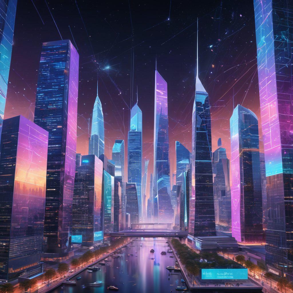 A futuristic cityscape with towering digital skyscrapers made of code and vibrant holograms. In the foreground, a diverse group of developers are collaboratively working, surrounded by floating icons of cutting-edge web development tools like code editors, frameworks, and analytics. The sky is filled with digital constellations, representing innovative techniques and advancements. super-realistic. vibrant colors. 3D.